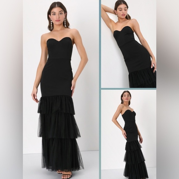 Lulus Dramatic Fanatic Black Strapless Tulle Trumpet Maxi Dress Size XL - Picture 1 of 14